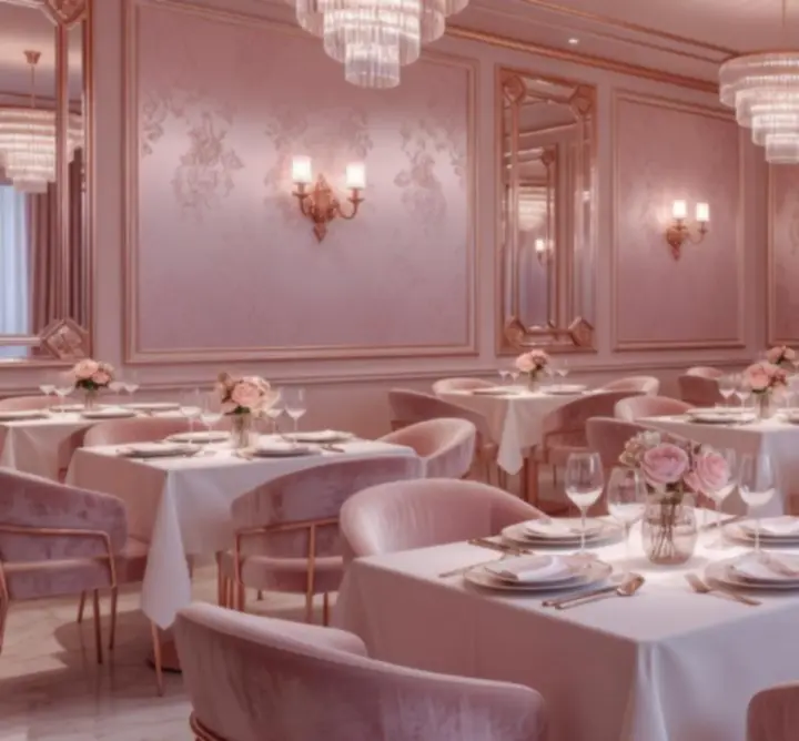 Intérieur élégant du restaurant Casi Lignes avec lumière douce rosée