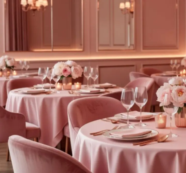 Ambiance raffinée du restaurant Casi Lignes avec lumières tamisées et tonalités rose poudré.