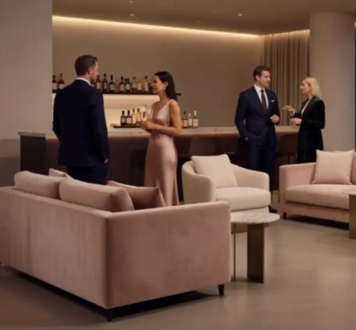 Soirée élégante chez Casi Lignes, lumières tamisées et ambiance lounge chic.