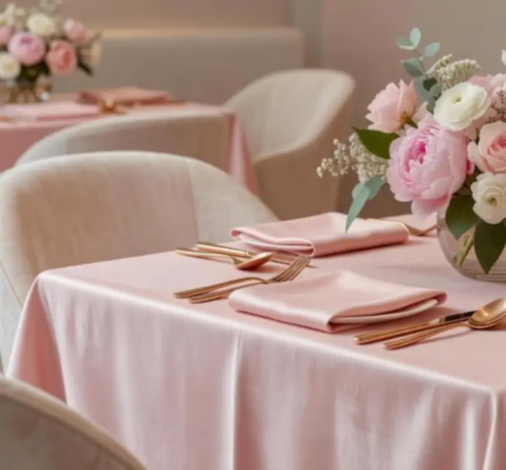 D\u00e9tails de d\u00e9cor du restaurant Casi Lignes avec tons rose poudr\u00e9 et or ros\u00e9.