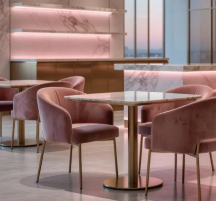 Intérieur du restaurant Casi Lignes aux tons rose poudré et lumière douce.