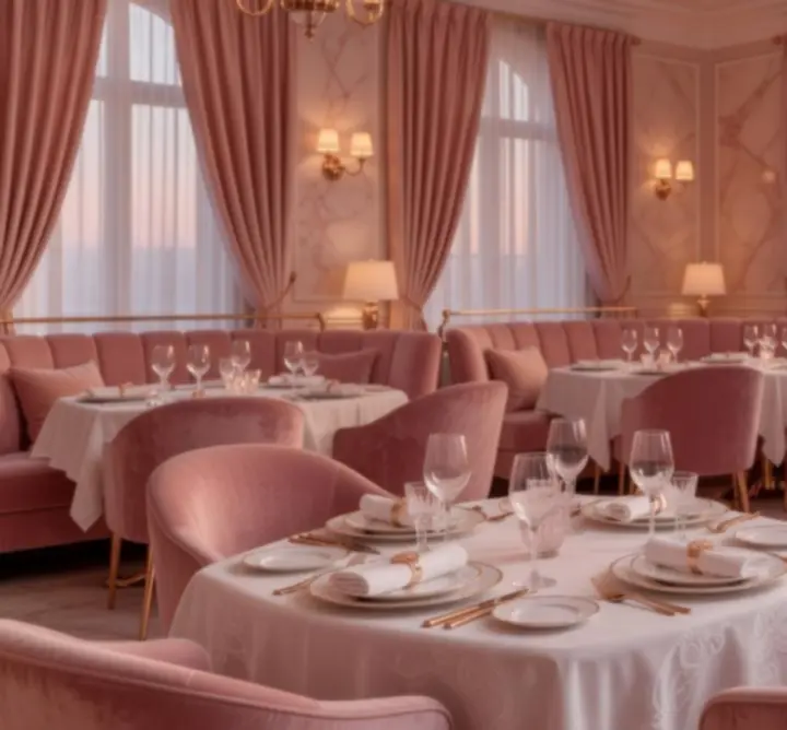 Int\u00e9rieur du restaurant Casi Lignes en soir\u00e9e, ambiance rose poudr\u00e9e et lumi\u00e8re chaleureuse.